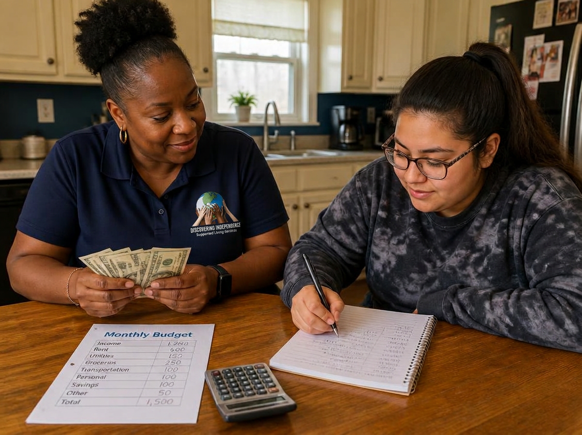 A support worker and a client counting cash and writing a monthly budget at a kitchen table