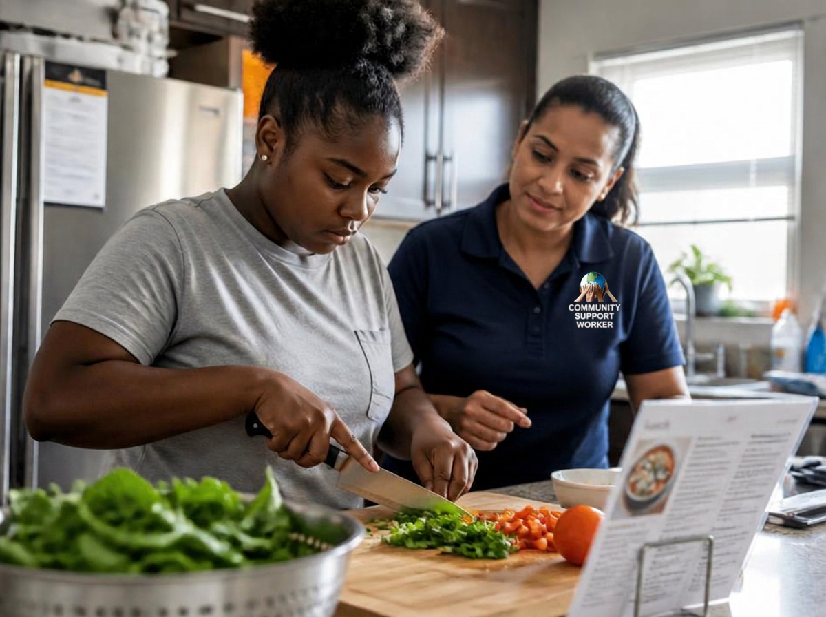 A client chopping vegetables from a recipe card during meal preparation training