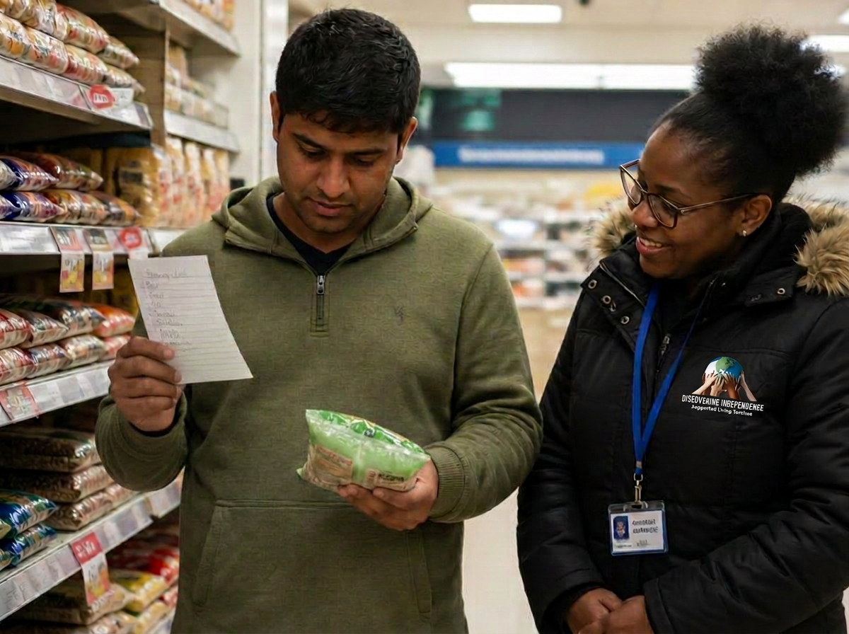 A client comparing prices from a written shopping list with a support worker in a grocery store