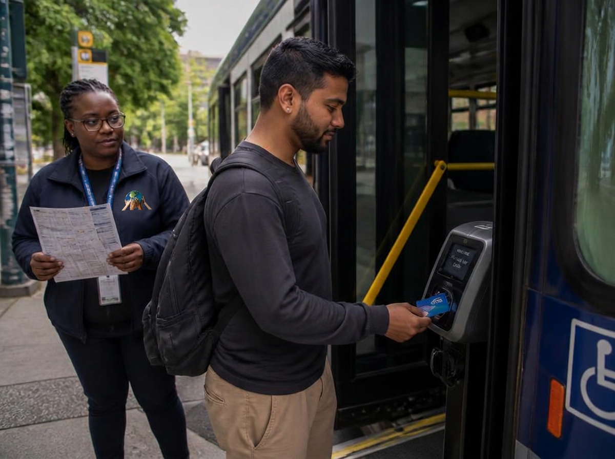 A client tapping a transit card to board a city bus during mobility training